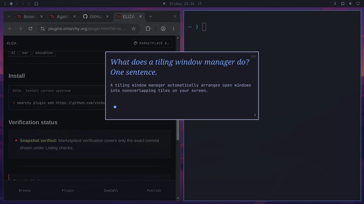 The Ask window with the question What does a tiling window manager do? One sentence. in large italic type and a one-sentence answer below it