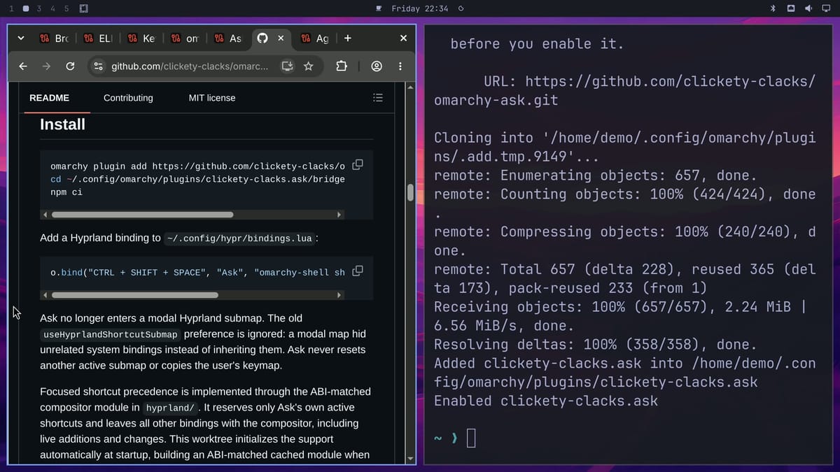 The Ask README on GitHub at its Install section, with the install command, the cd and npm ci lines, and the CTRL + SHIFT + SPACE binding, next to a terminal that has finished installing Ask