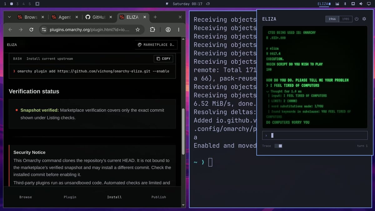 The ELIZA panel in the 1966 mode with green text, I FEEL TIRED OF COMPUTERS typed, the reply DO COMPUTERS WORRY YOU, and the trace open showing Thought for 1.0 ms, the word substitutions, and the keywords it found