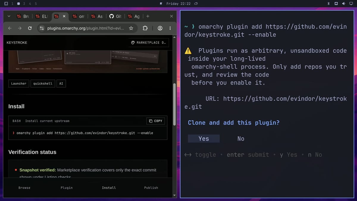 The Keystroke page on plugins.omarchy.org with its install command on the left, and a terminal on the right showing the unsandboxed code warning and the Clone and add this plugin prompt with Yes selected