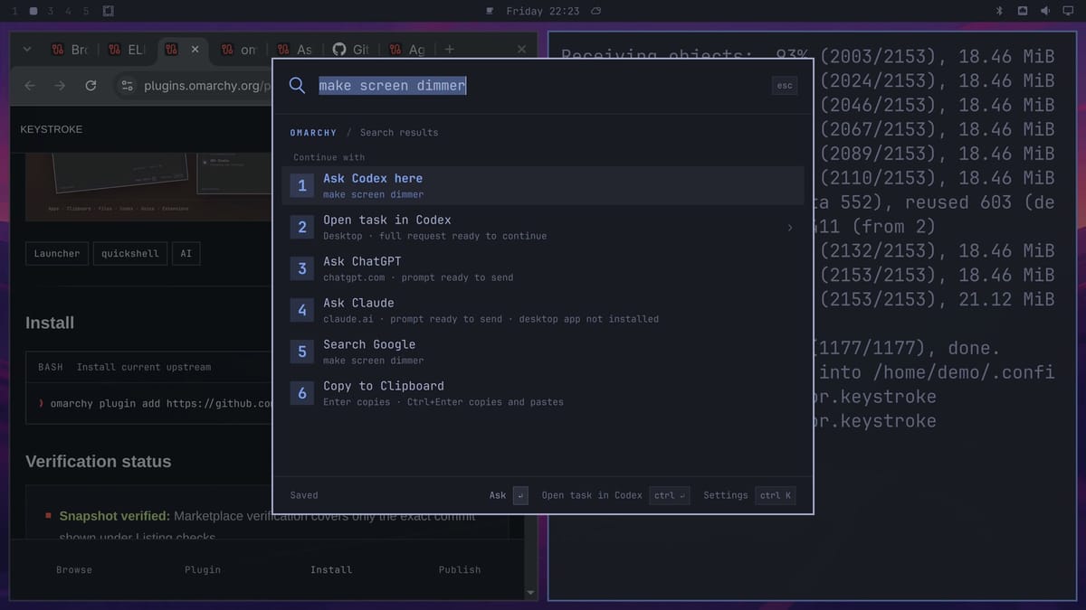Keystroke with Smart Match off and make screen dimmer selected in the search box, showing only hand-off rows: Ask Codex here, Open task in Codex, Ask ChatGPT, Ask Claude, Search Google, and Copy to Clipboard