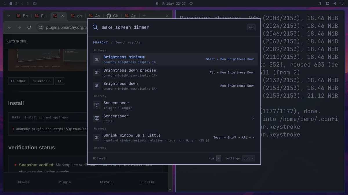 Keystroke open over the desktop with make screen dimmer typed and Brightness minimum as the top result, followed by Brightness down precise and Brightness down
