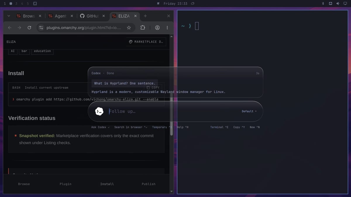 The omaSearch glass bar showing Codex Done after 3 seconds with the answer to What is Hyprland? One sentence., and a Follow up box with the shortcut hints Ask Codex, Search in browser, Temporary, and Help below it