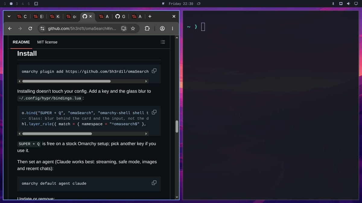 The omaSearch README on GitHub, open at its Install section with the omarchy plugin add command, the SUPER + Q binding line for bindings.lua, and the omarchy default agent claude command