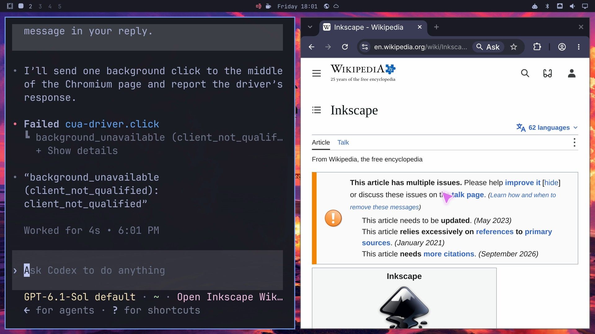 Codex showing Failed cua-driver.click with the message background_unavailable client_not_qualified after a background click in Chromium