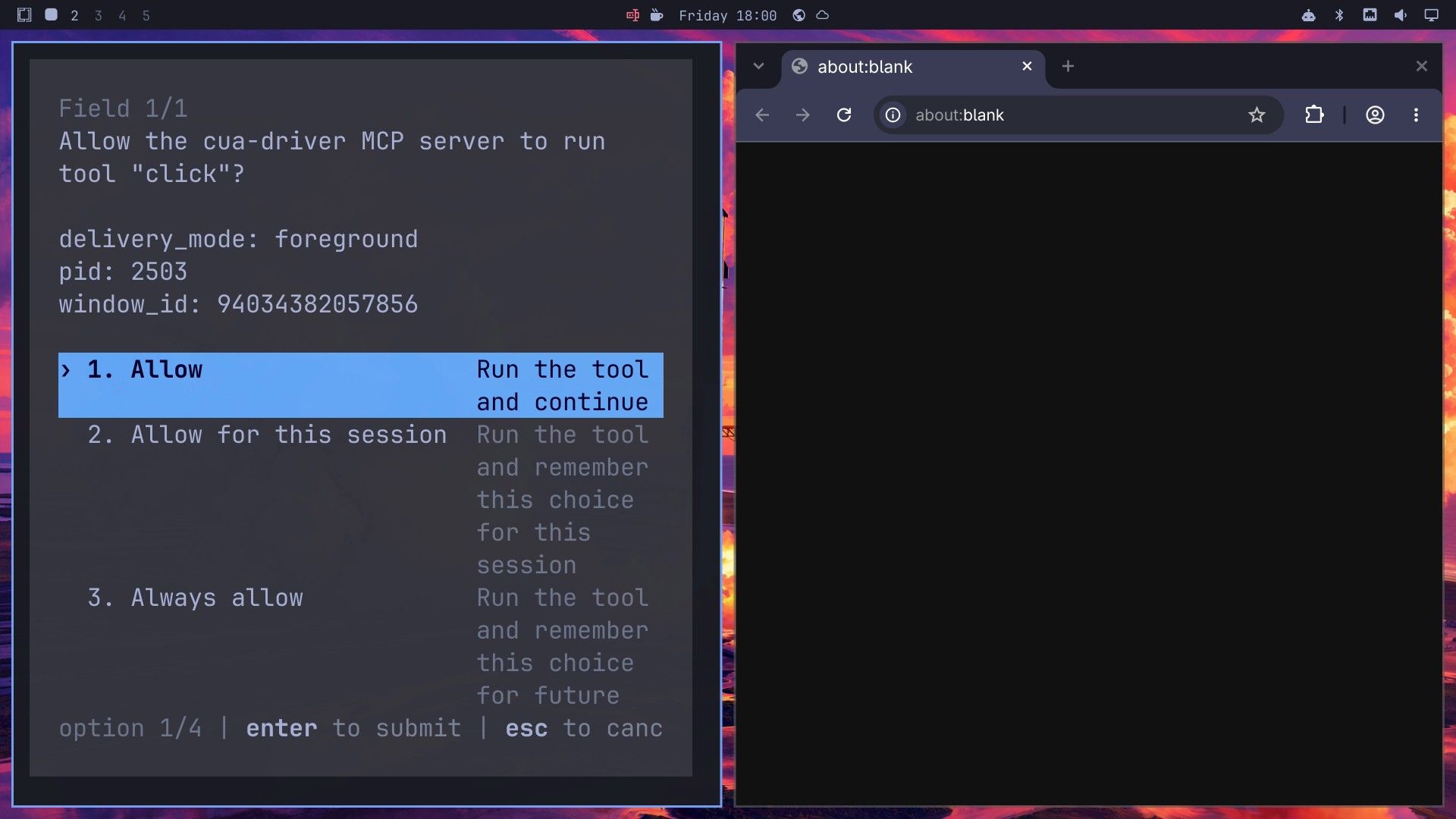 The Codex approval prompt asking to allow the cua-driver MCP server to run the click tool in foreground mode, with Allow, Allow for this session, and Always allow