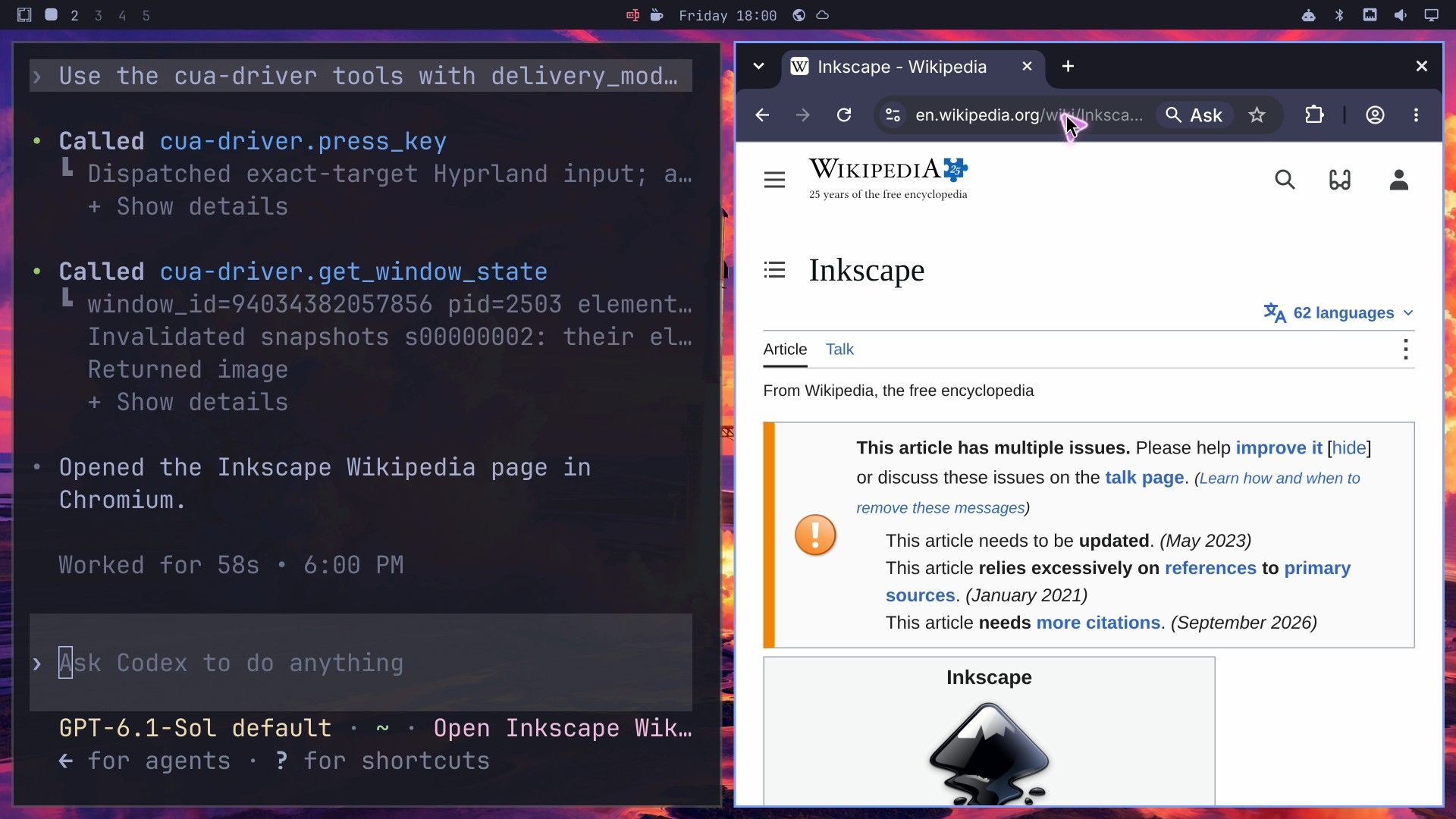 Codex on the left reporting Opened the Inkscape Wikipedia page in Chromium after 58 seconds, and Chromium on the right showing the Inkscape article with the pointer on the address bar