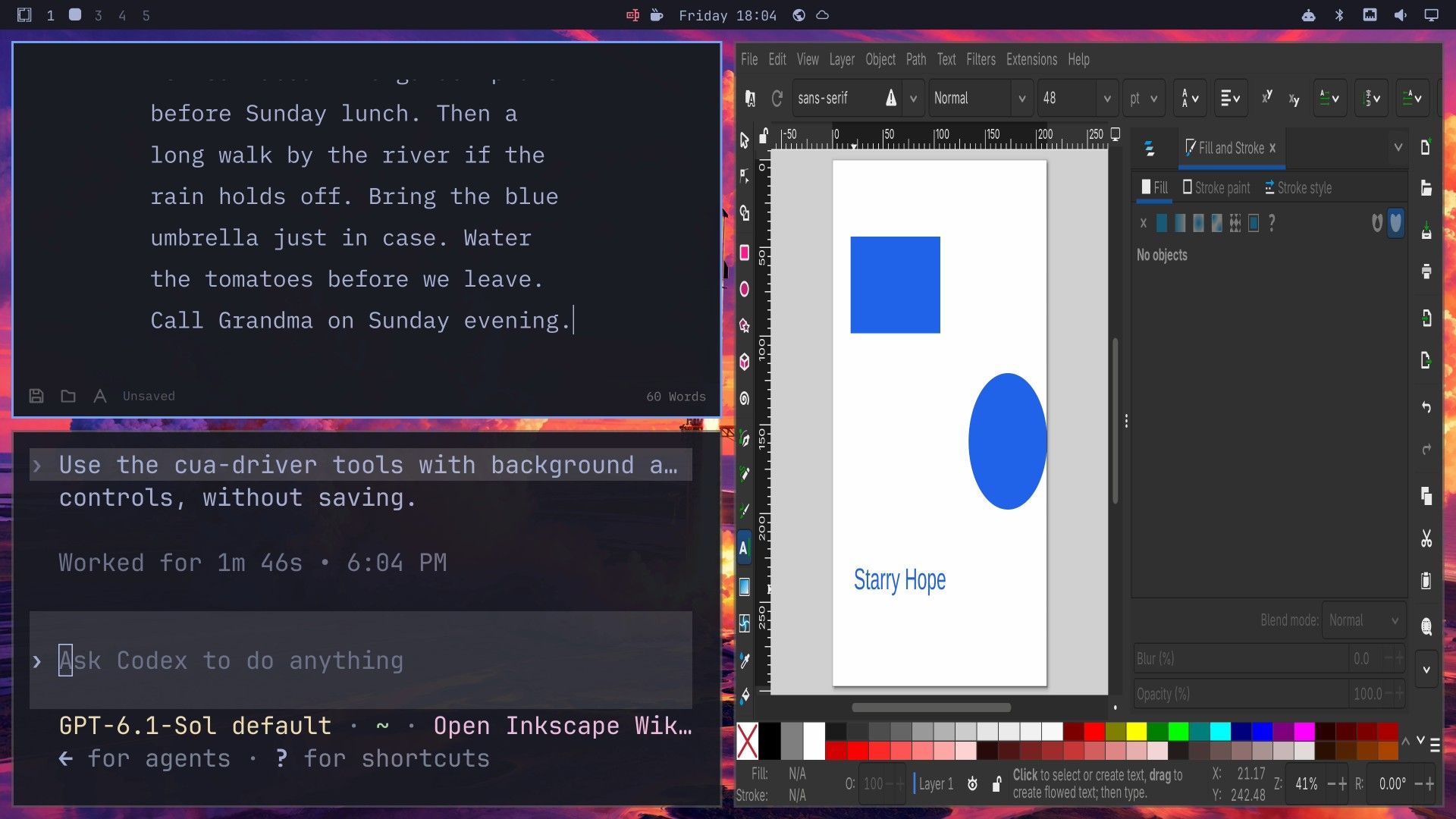 The finished Inkscape page with a blue rectangle, a blue ellipse, and the words Starry Hope in blue, next to Omawrite showing 60 words and Codex reporting Worked for 1m 46s