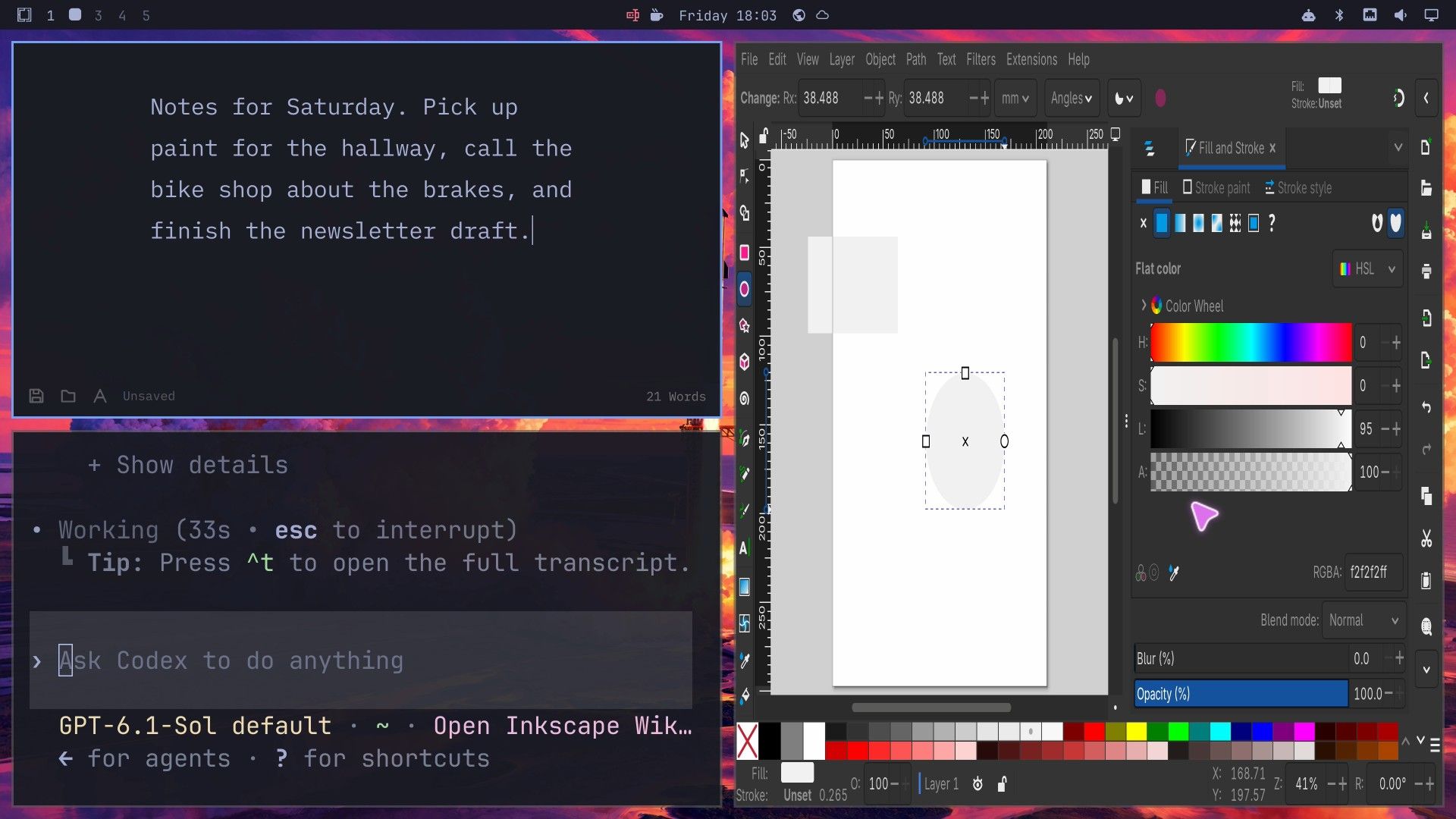 Omawrite at the top left with a typed note and its text cursor, Codex working at the bottom left, and Inkscape on the right with a grey ellipse selected and the pink agent arrow over the Fill and Stroke panel