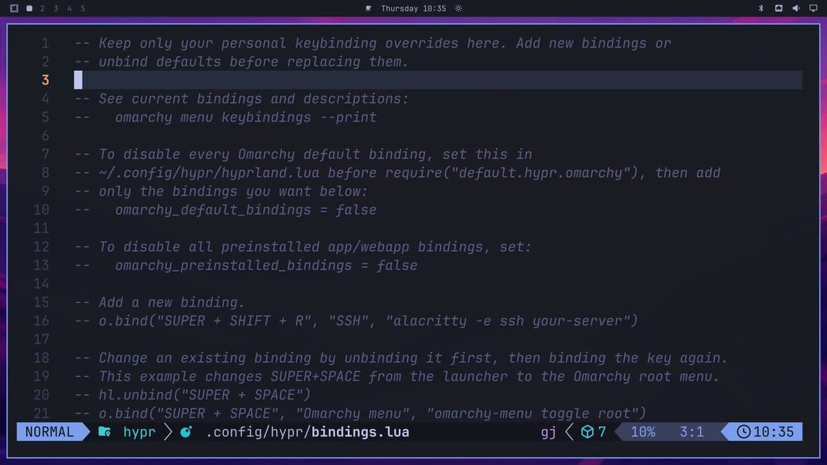 Neovim with bindings.lua open at the top, showing comment lines that explain how to add bindings, disable defaults, and change an existing binding