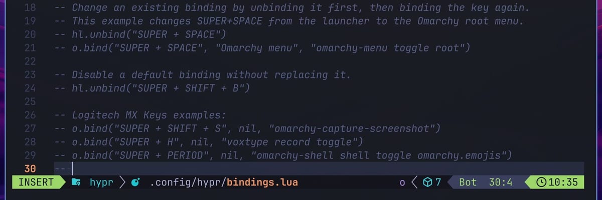The bottom of bindings.lua in Neovim insert mode, with a new line 30 that starts with two dashes under the comment examples