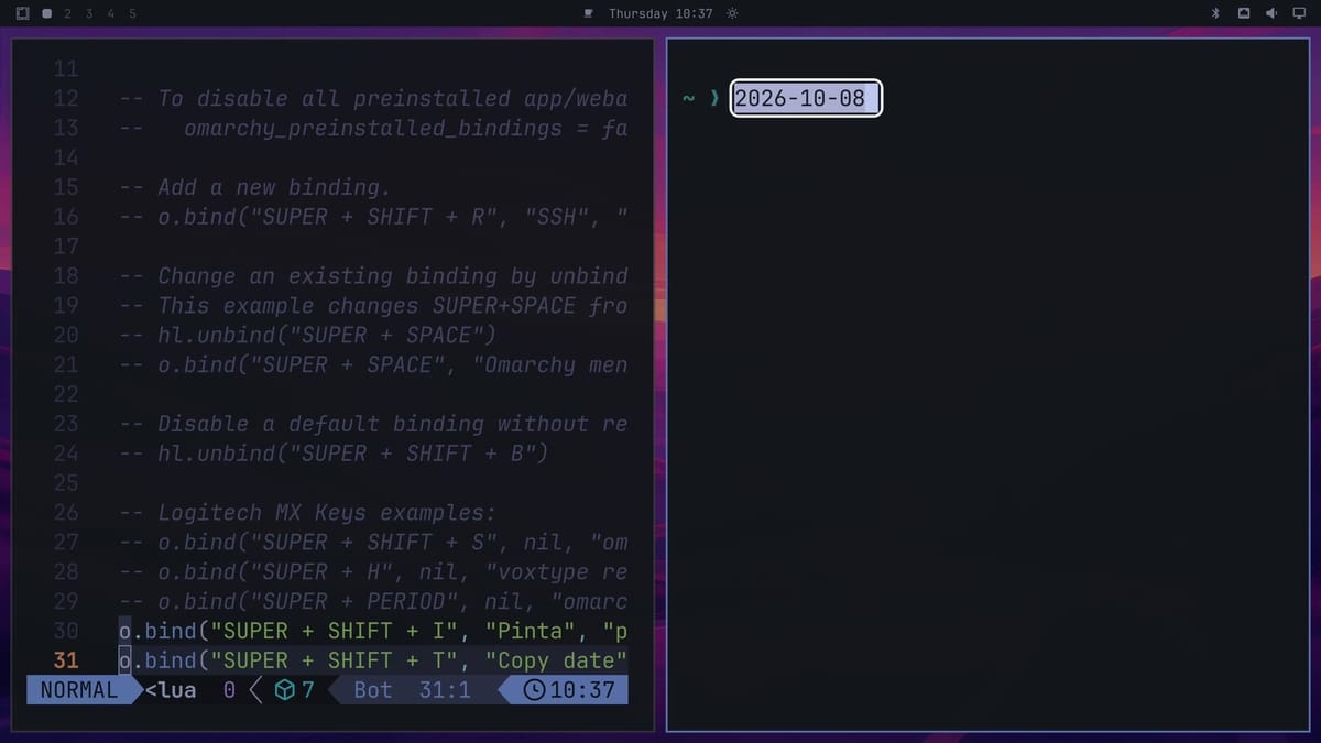 A terminal in the right half of the screen with 2026-10-08 pasted at the prompt, next to bindings.lua in Neovim