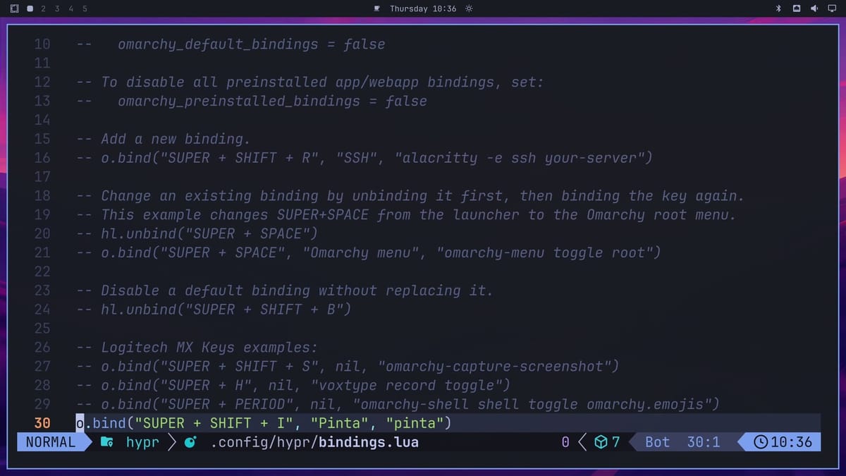 bindings.lua in Neovim after saving, with the new line 30 reading o.bind SUPER + SHIFT + I, Pinta, pinta below the comment examples
