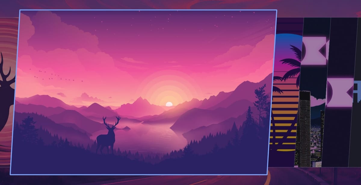 The Omarchy background switcher with a wallpaper of a deer by a mountain lake highlighted as a large card and the other wallpapers stacked on both sides