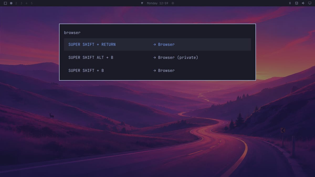 The Keybindings list filtered by the word browser, showing three rows: SUPER SHIFT + RETURN, SUPER SHIFT ALT + B for a private window, and SUPER SHIFT + B