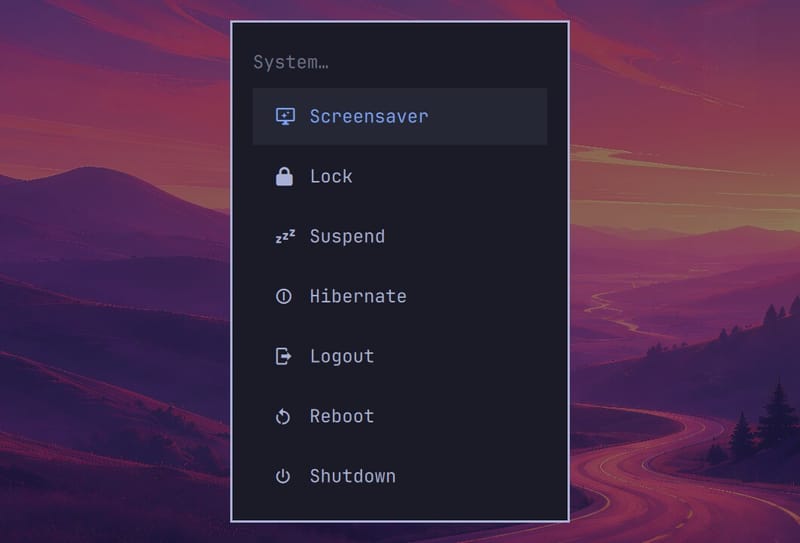 The Omarchy System menu listing Screensaver, Lock, Suspend, Hibernate, Logout, Reboot, and Shutdown
