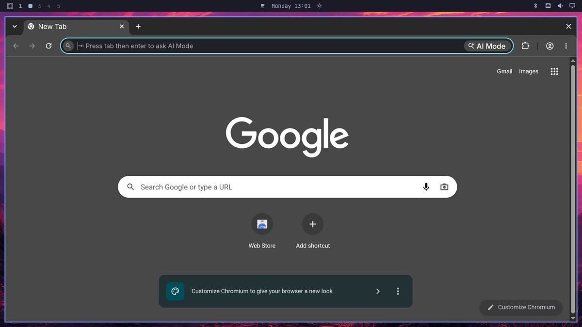 Chromium filling the screen on workspace 2 after Super Shift 2, with the top bar showing workspace 1 and a marker on workspace 2