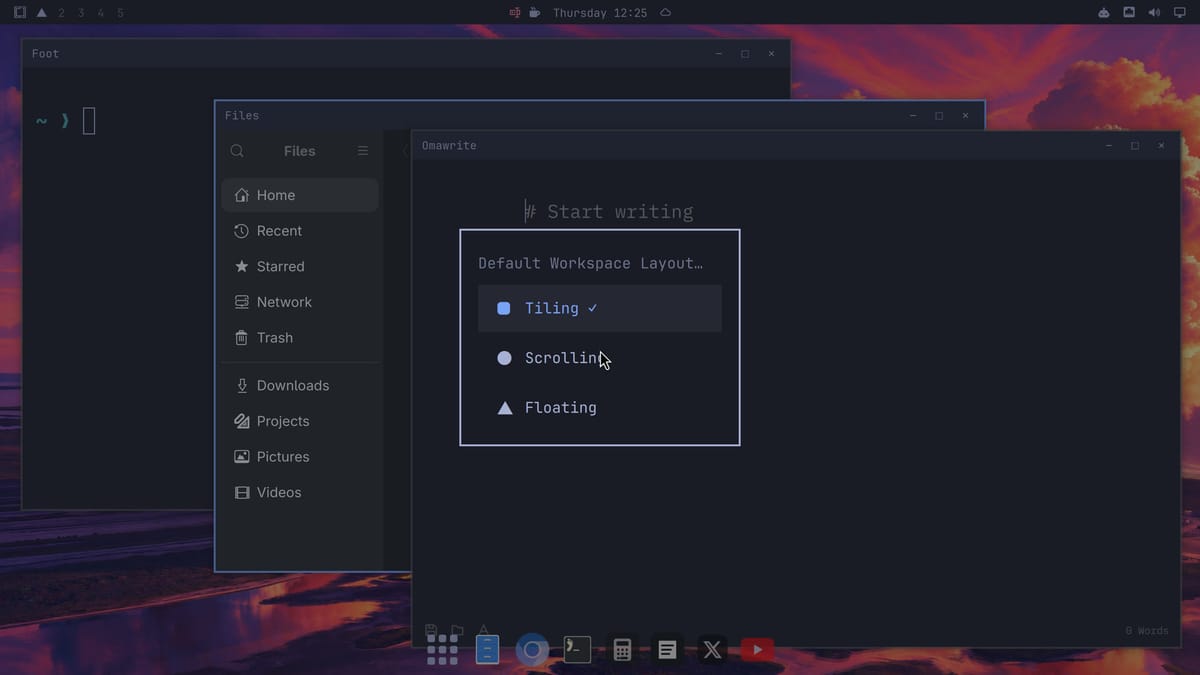 The Omarchy menu at Default Workspace Layout, listing Tiling with a check mark, Scrolling, and Floating, over a floating workspace