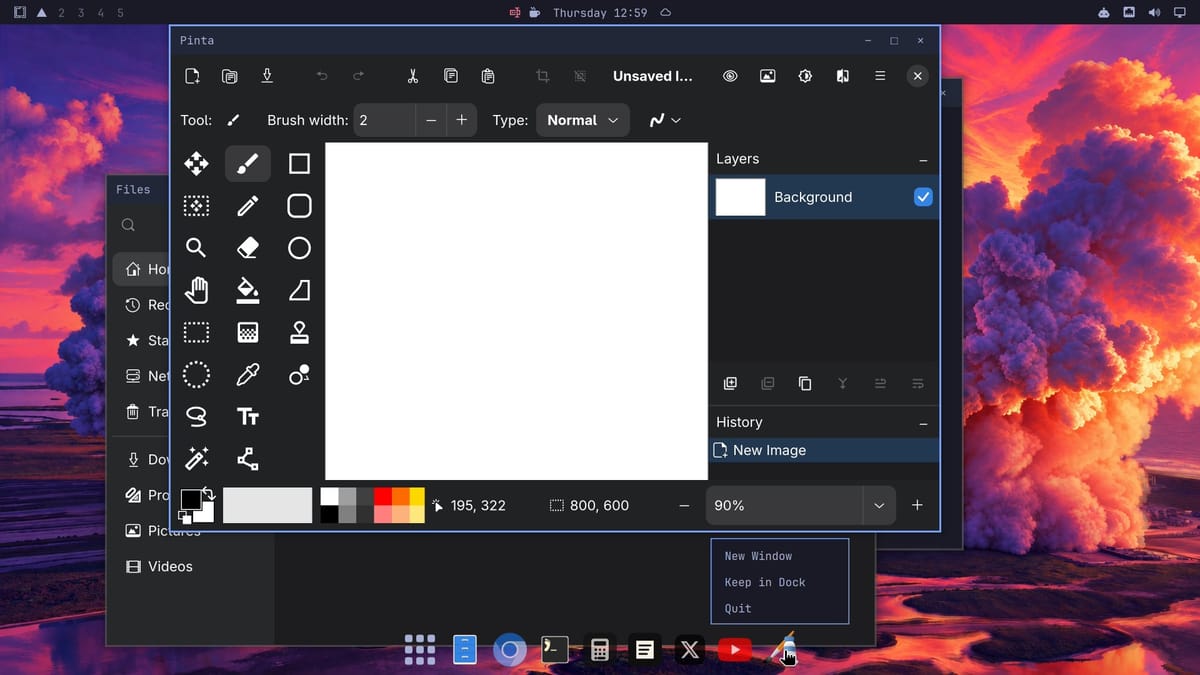 The Pinta paint program open on a floating workspace, with its dock icon right-clicked and a menu showing New Window, Keep in Dock, and Quit