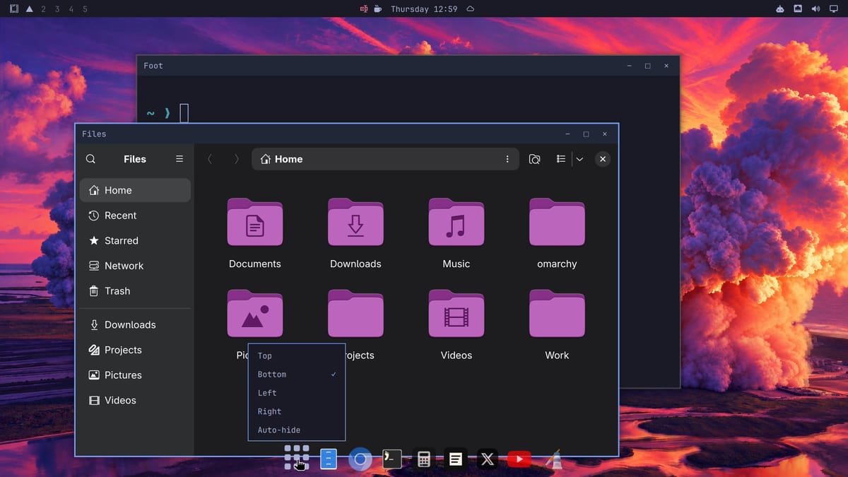 The dock's apps button right-clicked, with a menu showing Top, Bottom with a check mark, Left, Right, and Auto-hide