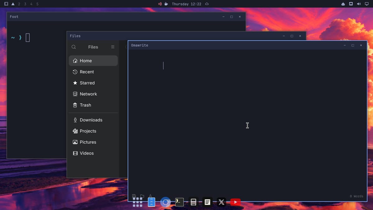 An Omarchy floating workspace with three overlapping windows, Foot, Files, and Omawrite, each with a titlebar and minimize, maximize, and close buttons, and the dock at the bottom of the screen