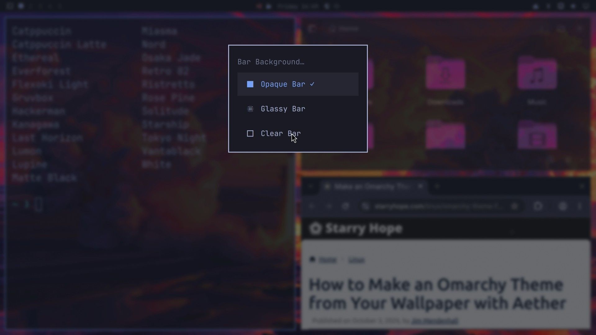 The Omarchy Bar Background menu with Opaque Bar checked, then Glassy Bar and Clear Bar, over a blurred desktop