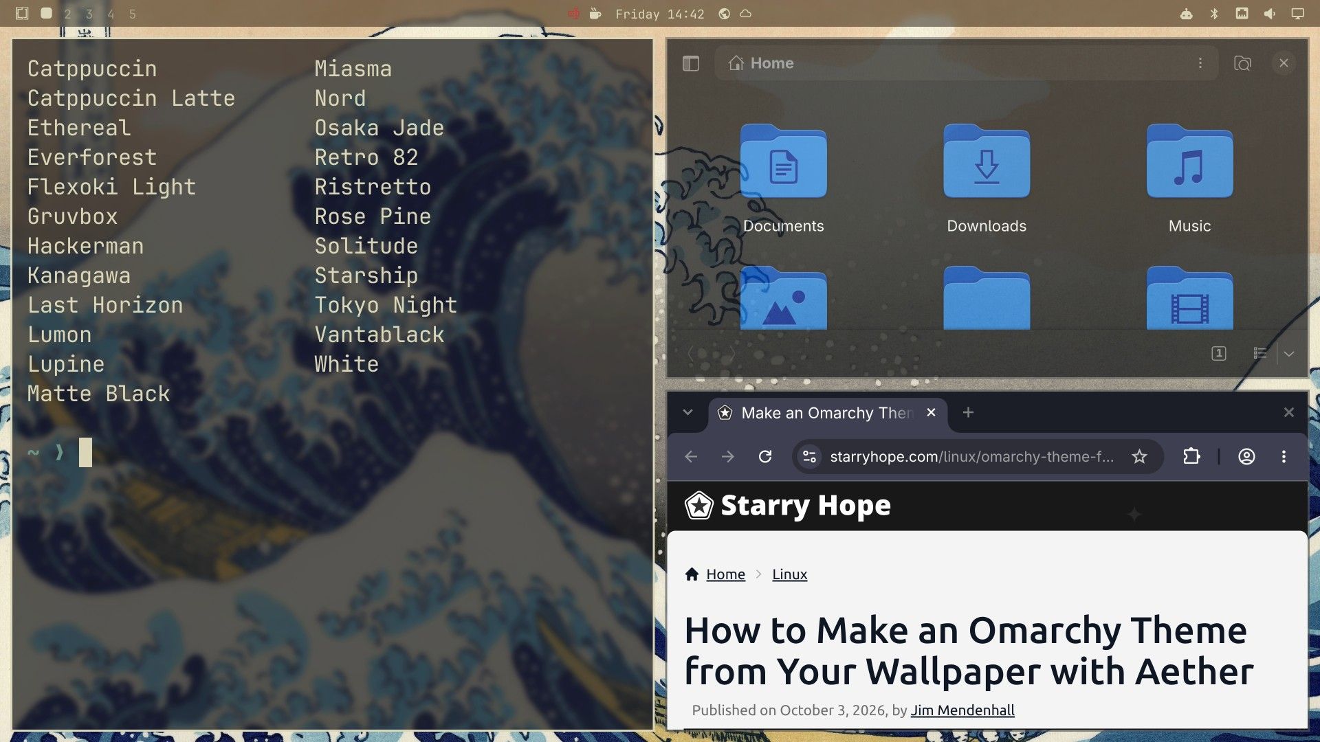 The Kanagawa theme with Glassy Windows: the Great Wave print blurred behind the terminal text, and the wave's line art visible through the Files window