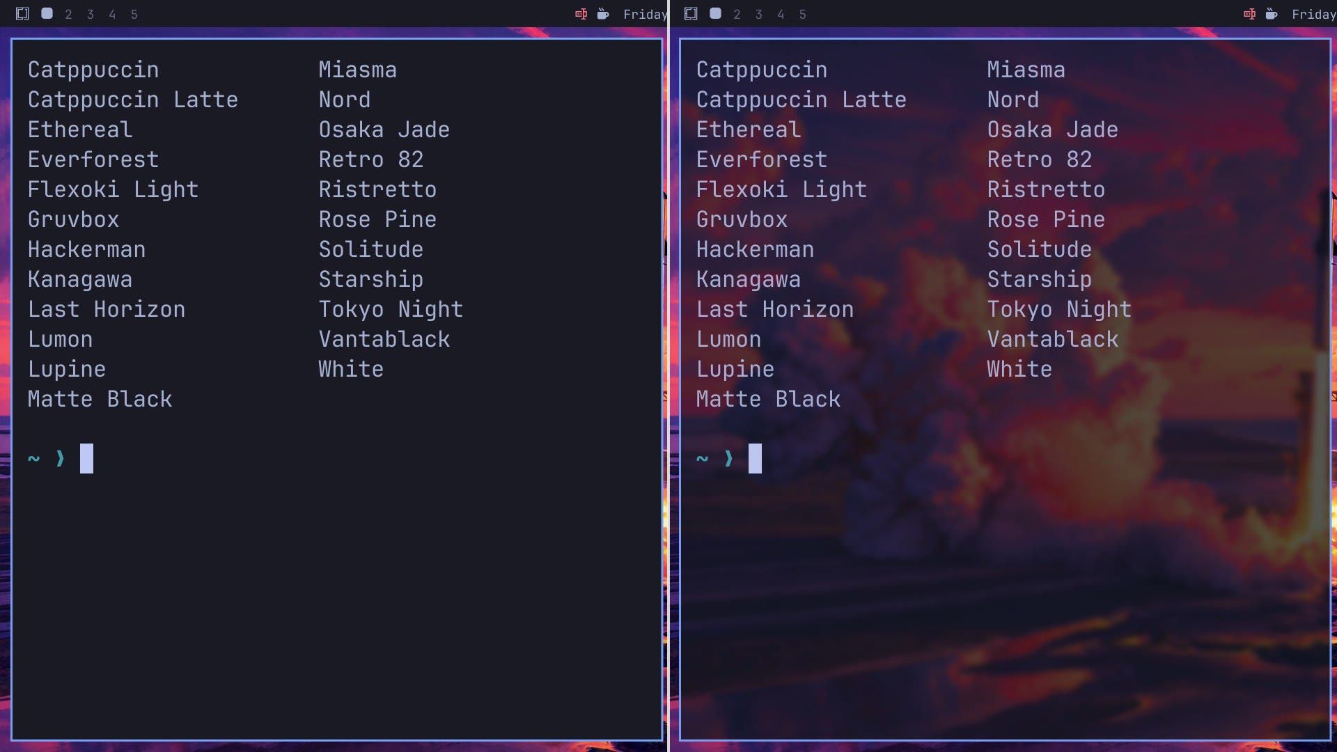The same terminal on the Tokyo Night theme twice: on the left with Opaque Windows and a solid dark background, on the right with Glassy Windows and the purple-tinted rocket launch wallpaper blurred behind the text