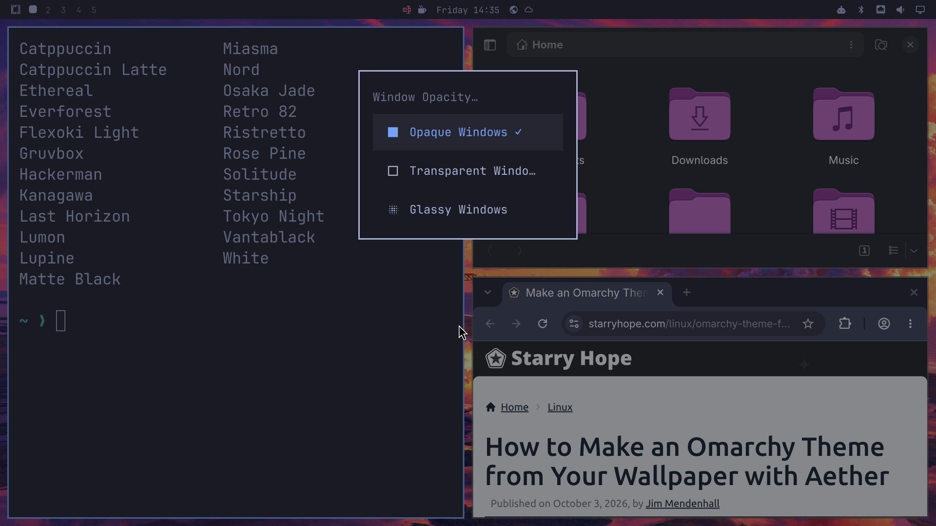 The Omarchy Window Opacity menu over a Tokyo Night desktop, with Opaque Windows checked, then Transparent Windows and Glassy Windows