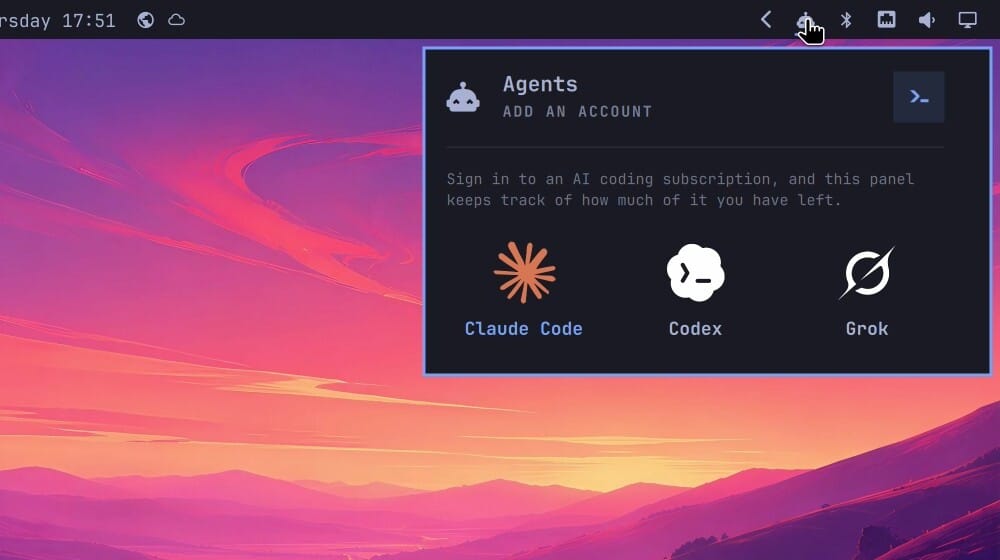The Omarchy Agents panel under the bar's robot icon, reading Add an account, with tiles for Claude Code, Codex, and Grok