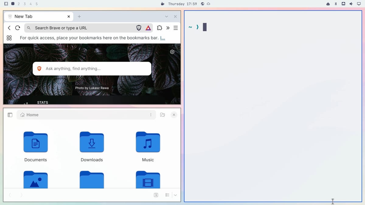 Omarchy in the light Catppuccin Latte theme, with a light bar, a light Brave toolbar, Files with blue folders, and a light terminal