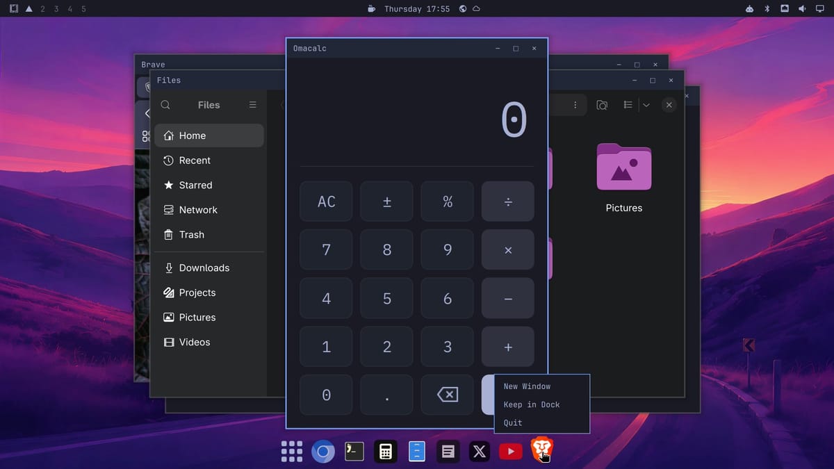 The Omarchy dock with a right-click menu open on the Brave icon, showing New Window, Keep in Dock, and Quit