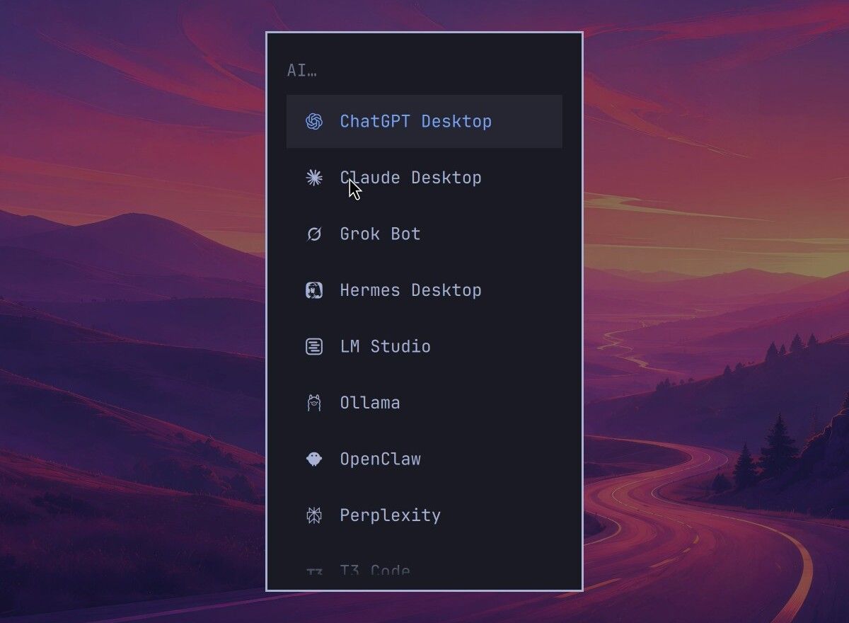 The Omarchy AI install menu listing ChatGPT Desktop, Claude Desktop, Grok Bot, Hermes Desktop, LM Studio, Ollama, OpenClaw, Perplexity, and T3 Code