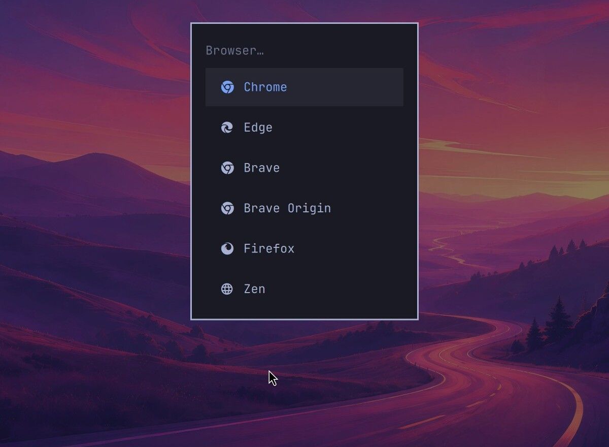 The Omarchy Browser install menu listing Chrome, Edge, Brave, Brave Origin, Firefox, and Zen