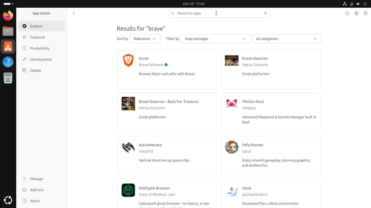 Ubuntu App Center search results for brave, with brave by Brave Software and a green verified check mark as the first card