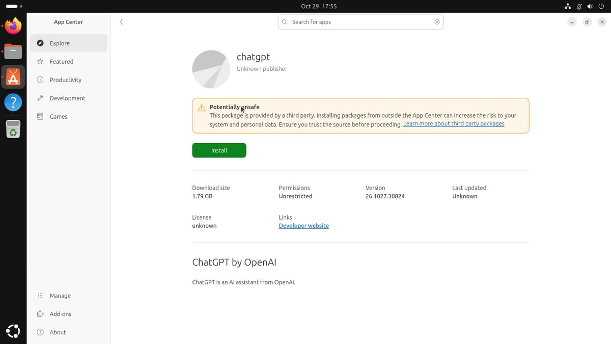 The Ubuntu App Center page for the ChatGPT .deb file, showing Unknown publisher, a Potentially unsafe warning, and an Install button