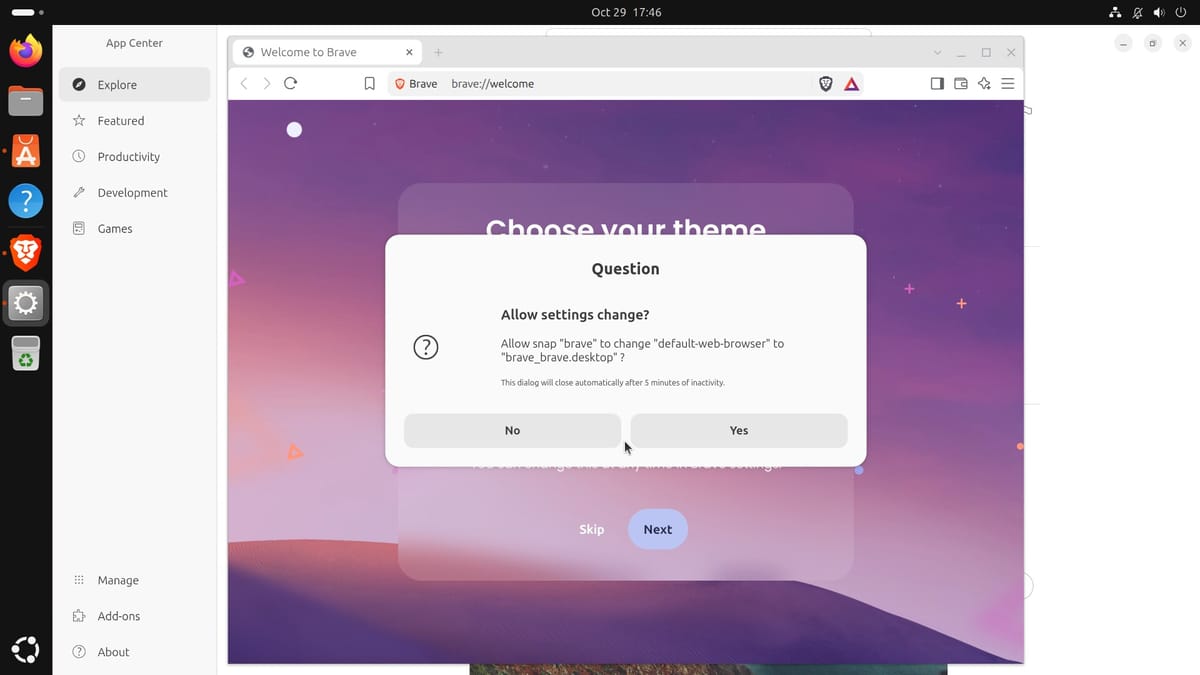 Ubuntu's Allow settings change dialog asking whether snap brave may change default-web-browser to brave_brave.desktop, with No and Yes buttons, over Brave's welcome page