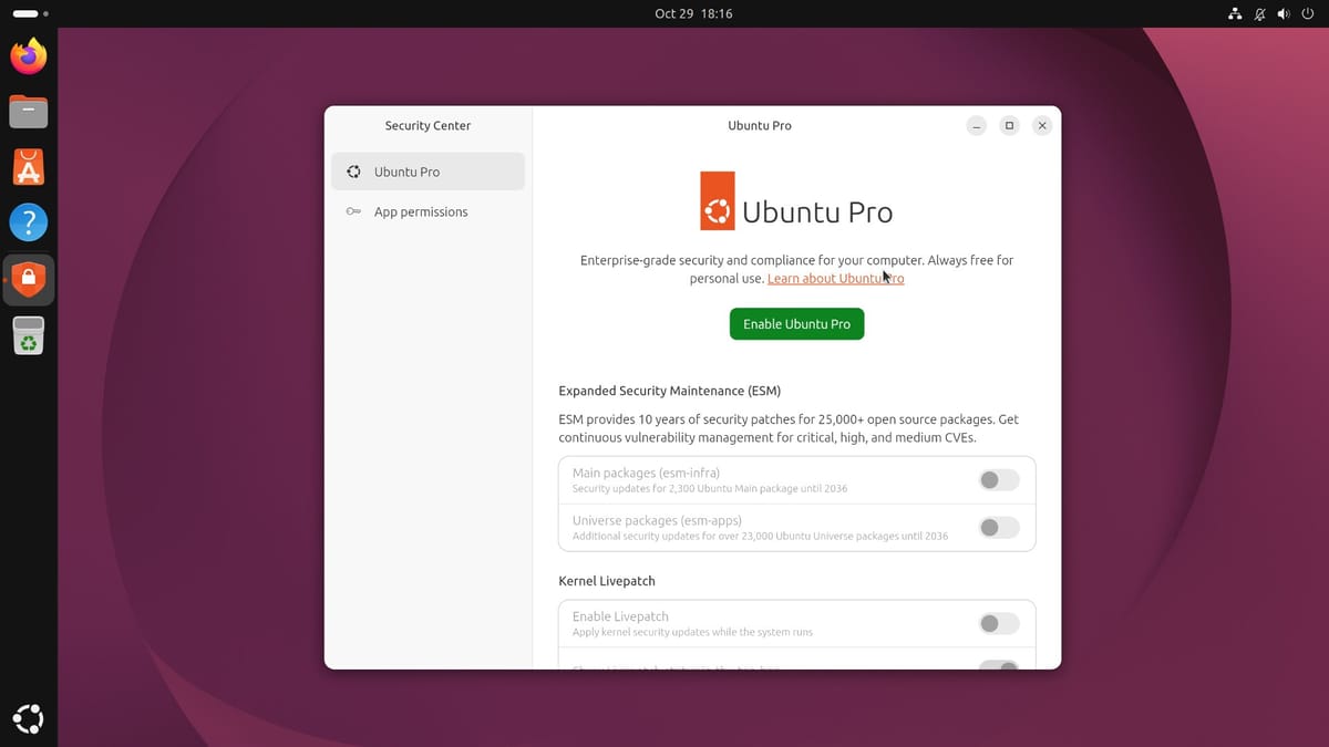 Ubuntu Security Center on the Ubuntu Pro page, with an Enable Ubuntu Pro button and switches for Main and Universe security updates until 2036
