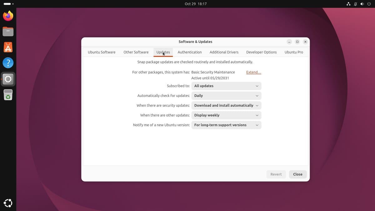 The Updates tab of Software and Updates on Ubuntu 26.04: Basic Security Maintenance active until 05/29/2031, daily checks, security updates installed automatically, other updates displayed weekly