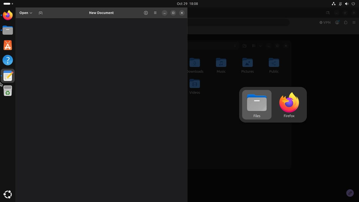 Ubuntu with Text Editor snapped to the left half and the Tiling Popup in the right half offering Files and Firefox
