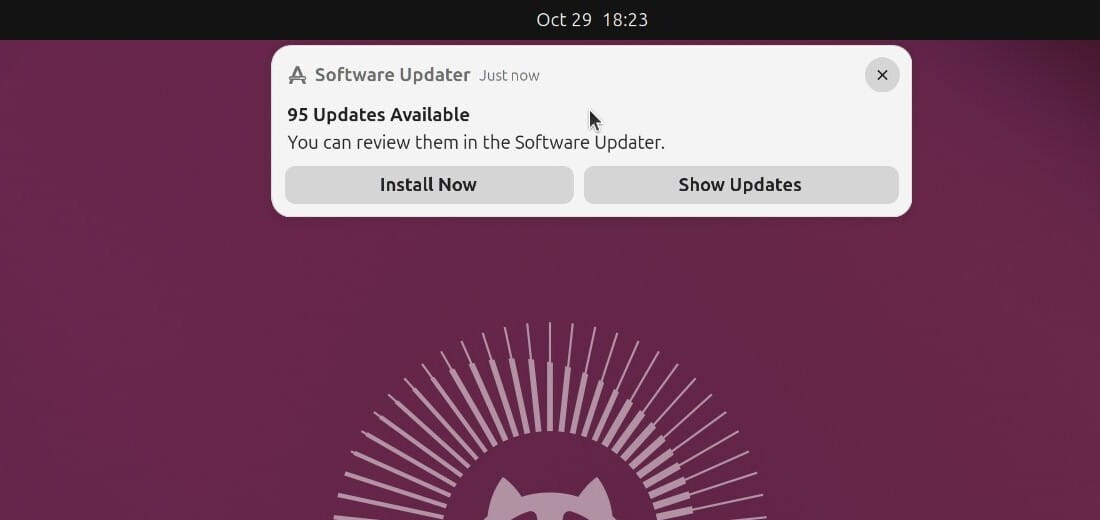 Ubuntu's Software Updater notification reading 95 Updates Available, You can review them in the Software Updater, with Install Now and Show Updates buttons