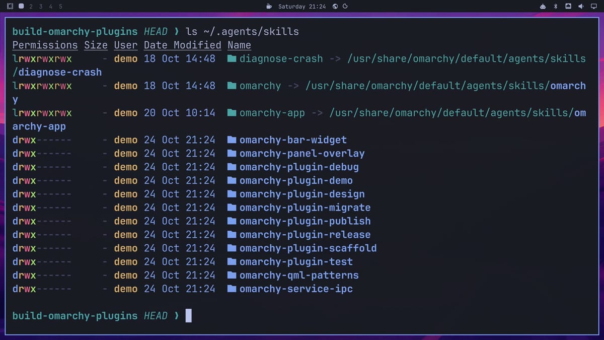 The ~/.agents/skills folder listing three built-in Omarchy skill links, diagnose-crash, omarchy, and omarchy-app, followed by twelve new omarchy- skill folders from the bundle