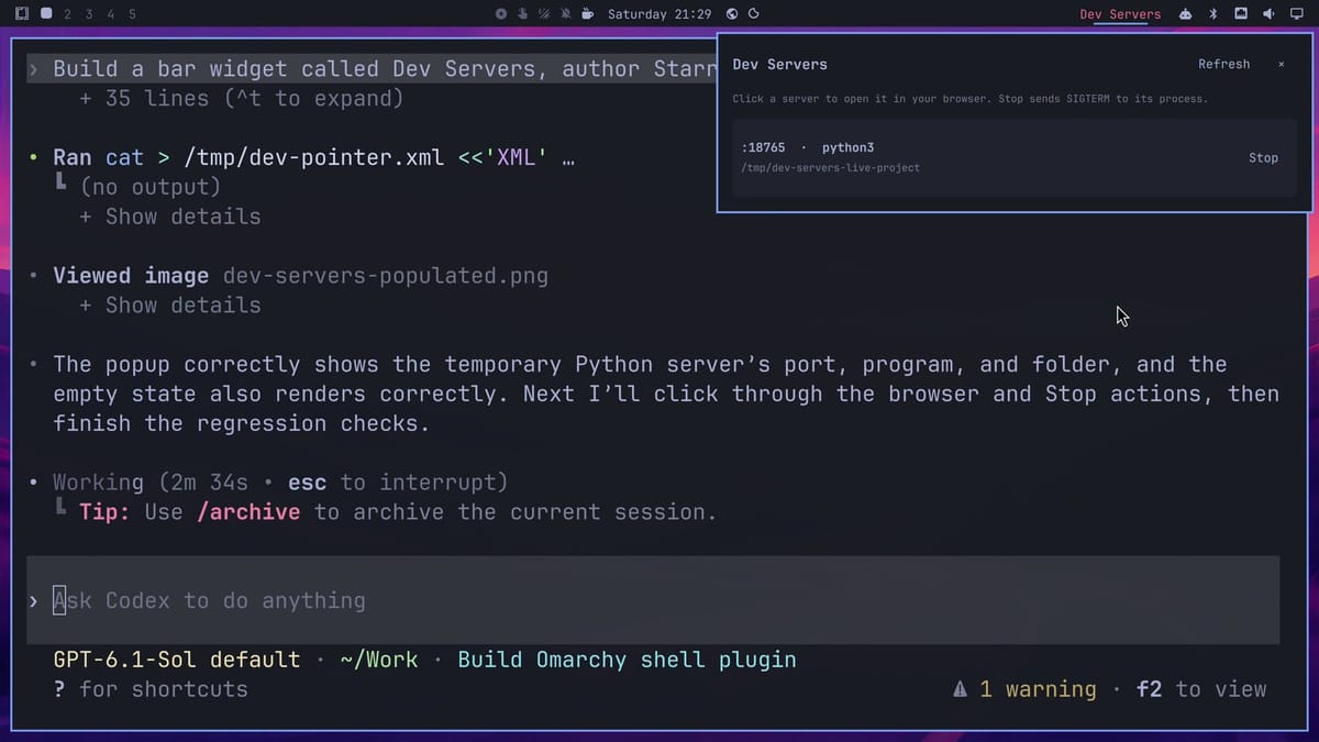 The Dev Servers popup open over the Codex window, listing a temporary python3 server on port 18765, while Codex reports that the popup shows the server's port, program, and folder