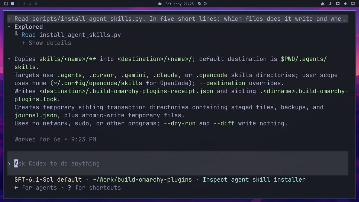 Codex's five-line answer about install_agent_skills.py: it copies the skill folders, writes a receipt and a lock file, creates temporary transaction folders, and uses no network, sudo, or other programs