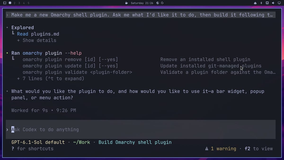 Codex after the Plugin button's starter request, having read plugins.md and run omarchy plugin --help, asking whether the plugin should be a bar widget, popup panel, or menu action