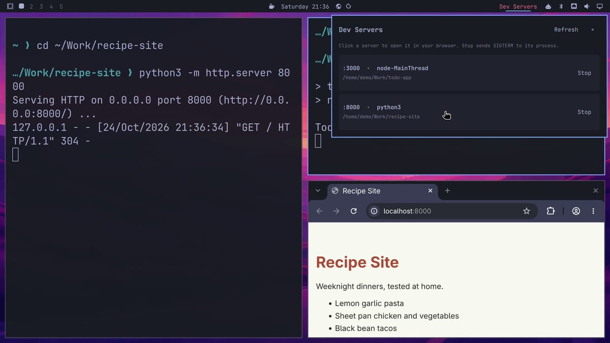 Chromium showing a Recipe Site page at localhost:8000 after a click on the python3 row, with the Python terminal logging the GET request