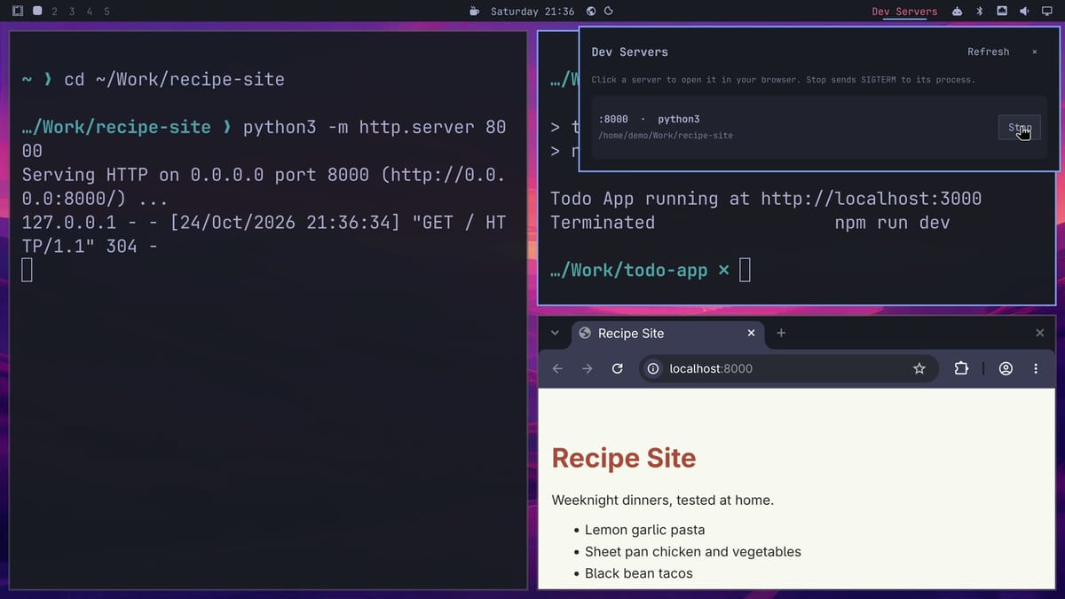 Dev Servers listing only the python3 server after Stop on the Node row, with the Node terminal showing Terminated npm run dev