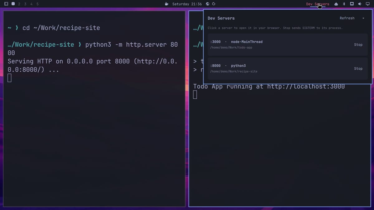 The Dev Servers popup under its bar label, listing a node-MainThread server on port 3000 in ~/Work/todo-app and a python3 server on port 8000 in ~/Work/recipe-site, each with a Stop button