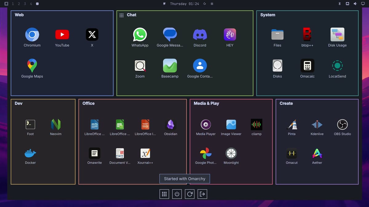 Gona Launcher full screen with colored tiles named Web, Chat, System, Dev, Office, Media and Play, and Create, each holding app icons, and a row of power buttons at the bottom