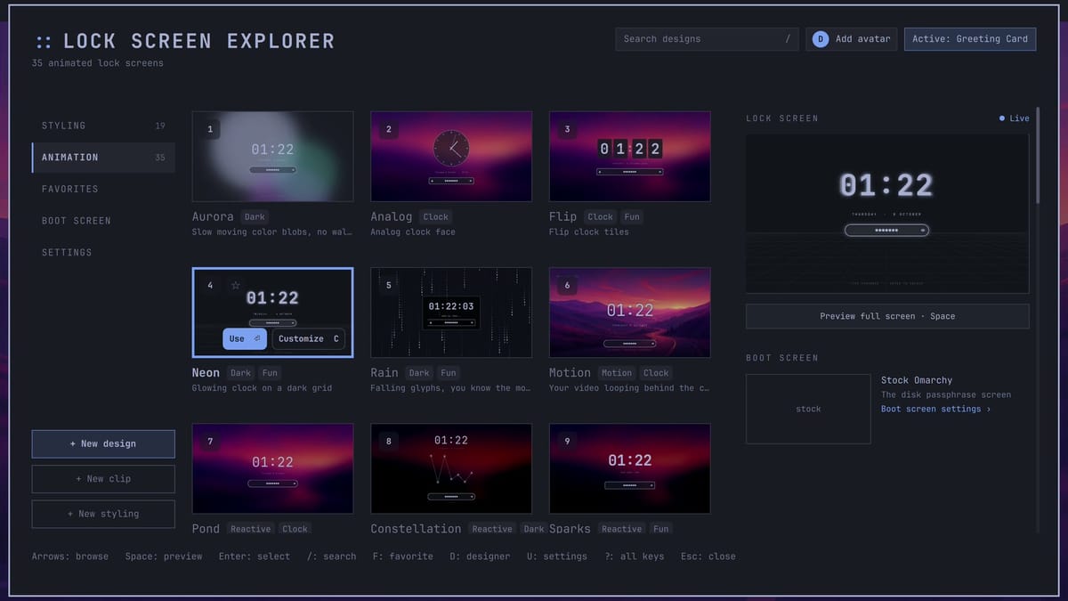 Lock Screen Explorer on its Animation tab with a grid of lock screen designs including Aurora, Analog, Flip, Neon, Rain, and Motion, and a live preview of the Neon design on the right